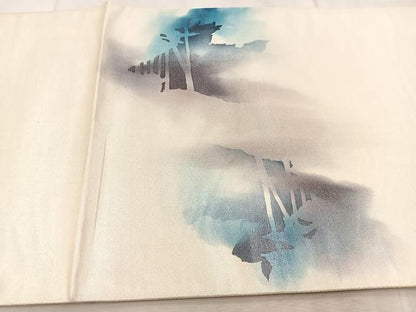 平和屋着物◎太鼓柄袋帯　風景シルエット　銀糸　引箔　正絹　逸品　BAAV4737yc