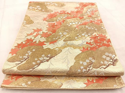 平和屋着物◎西陣 六通柄 本袋帯 唐織 流水松楓文 金銀糸 正絹 逸品 BAAV4738yc