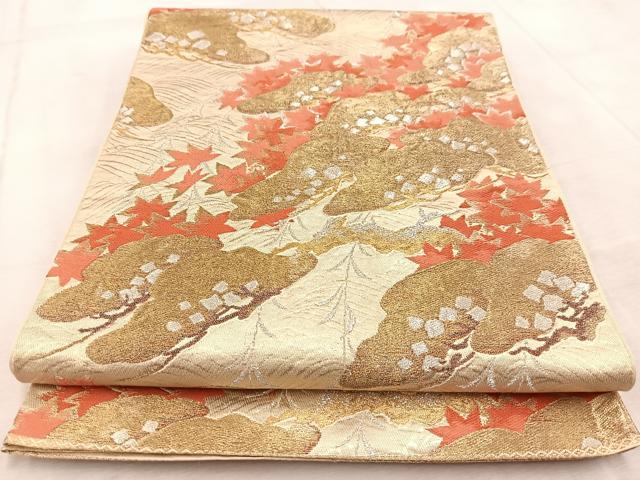 平和屋着物◎西陣 六通柄 本袋帯 唐織 流水松楓文 金銀糸 正絹 逸品 BAAV4738yc