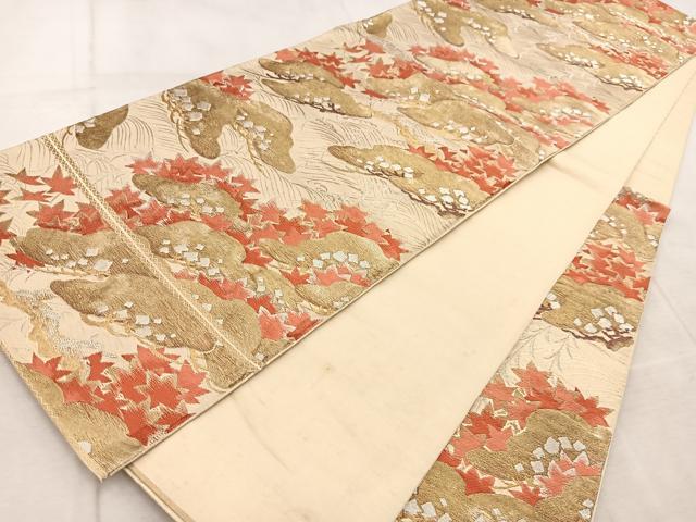 平和屋着物◎西陣 六通柄 本袋帯 唐織 流水松楓文 金銀糸 正絹 逸品 BAAV4738yc