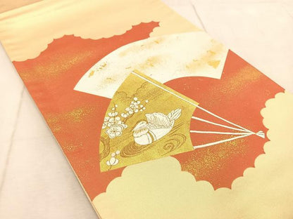 平和屋着物◎太鼓柄袋帯　刺繍　扇花鳥文　金彩　引箔　正絹　逸品　BAAV4740yc