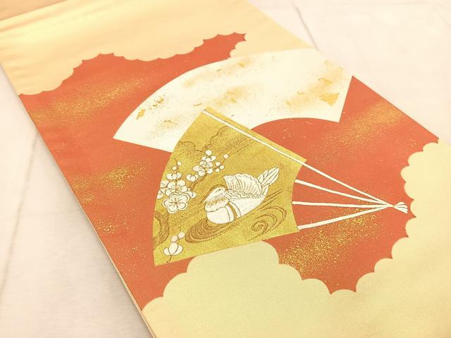 平和屋着物◎太鼓柄袋帯　刺繍　扇花鳥文　金彩　引箔　正絹　逸品　BAAV4740yc