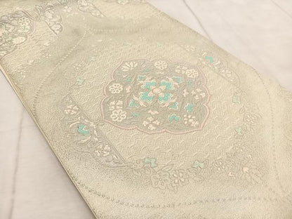 平和屋着物◎六通柄袋帯 唐織 正倉院花文 銀糸 正絹 逸品 BAAV4752yc