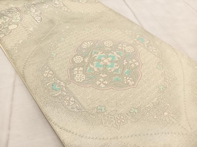 平和屋着物◎六通柄袋帯 唐織 正倉院花文 銀糸 正絹 逸品 BAAV4752yc