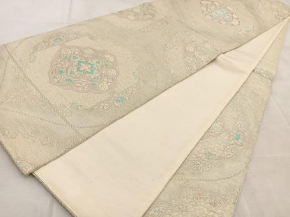 平和屋着物◎六通柄袋帯 唐織 正倉院花文 銀糸 正絹 逸品 BAAV4752yc
