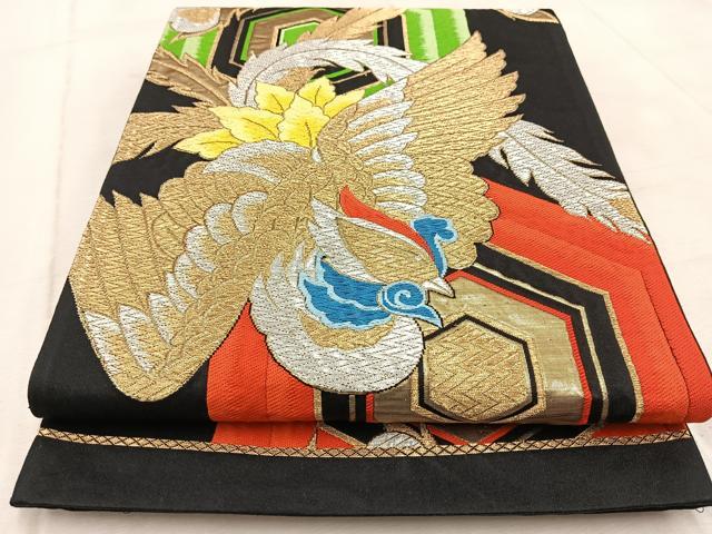 平和屋着物◎六通柄袋帯　唐織　鳳凰亀甲文　黒地　金銀糸　正絹　逸品　BAAV4753yc