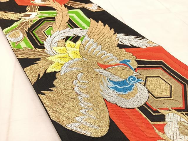 平和屋着物◎六通柄袋帯　唐織　鳳凰亀甲文　黒地　金銀糸　正絹　逸品　BAAV4753yc