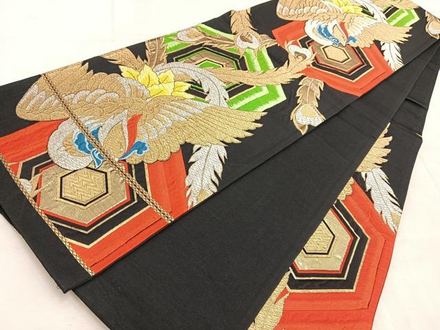 平和屋着物◎六通柄袋帯　唐織　鳳凰亀甲文　黒地　金銀糸　正絹　逸品　BAAV4753yc