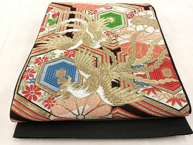 平和屋着物◎六通柄袋帯　唐織　鳳凰亀甲花文　黒地　金糸　BAAV4767yc