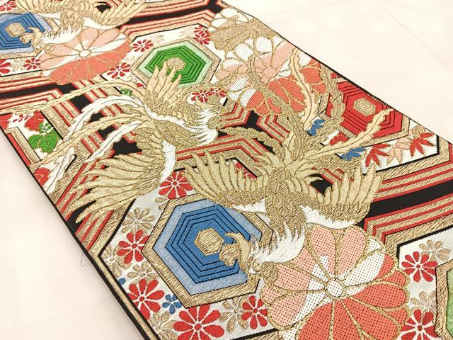 平和屋着物◎六通柄袋帯　唐織　鳳凰亀甲花文　黒地　金糸　BAAV4767yc