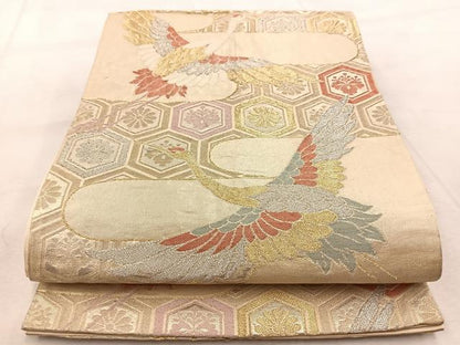平和屋着物◎六通柄袋帯　唐織　飛鶴亀甲花文　金銀糸　正絹　逸品　BAAV4769yc