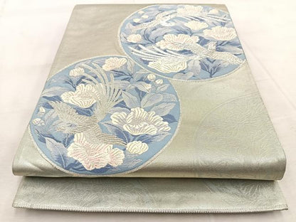 平和屋着物◎六通柄袋帯　唐織　鳳凰花丸文　銀糸　正絹　逸品　BAAV4784yc