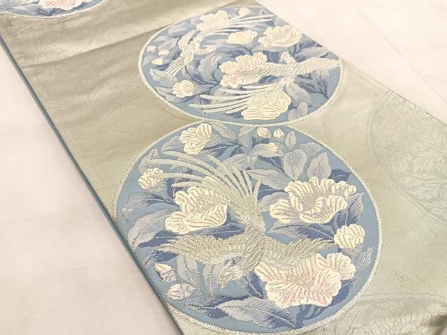 平和屋着物◎六通柄袋帯　唐織　鳳凰花丸文　銀糸　正絹　逸品　BAAV4784yc