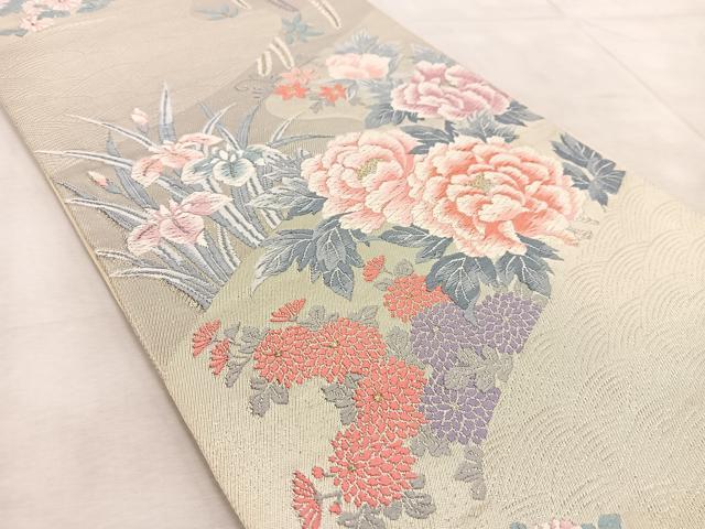平和屋着物◎六通柄　本袋帯　唐織　花飾流水文　純プラチナ箔　正絹　逸品　BAAV4791yc