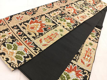 平和屋着物◎六通柄　本袋帯　唐織　更紗　黒地　金銀糸　正絹　逸品　BAAV4794yc