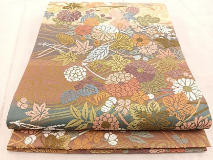 平和屋着物●六通柄袋帯 唐織 流水菊松葉文 金糸 正絹 逸品 BAAV4803yc