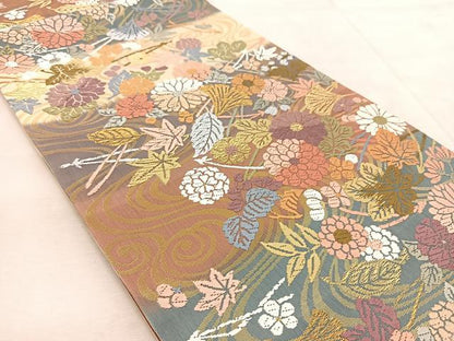 平和屋着物●六通柄袋帯 唐織 流水菊松葉文 金糸 正絹 逸品 BAAV4803yc