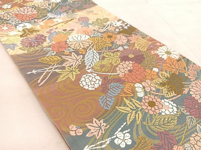 平和屋着物●六通柄袋帯 唐織 流水菊松葉文 金糸 正絹 逸品 BAAV4803yc