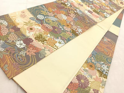 平和屋着物●六通柄袋帯 唐織 流水菊松葉文 金糸 正絹 逸品 BAAV4803yc