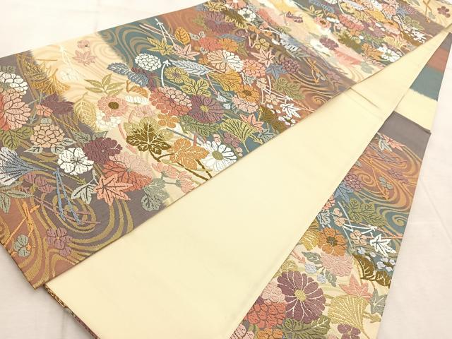 平和屋着物●六通柄袋帯 唐織 流水菊松葉文 金糸 正絹 逸品 BAAV4803yc