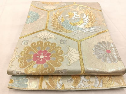 平和屋着物◎六通柄袋帯　唐織　鳳凰亀甲花文　金銀糸　正絹　逸品　BAAV4809yc