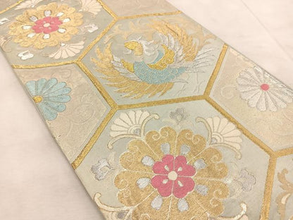 平和屋着物◎六通柄袋帯　唐織　鳳凰亀甲花文　金銀糸　正絹　逸品　BAAV4809yc