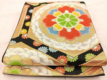 平和屋着物◎六通柄袋帯　唐織　亀甲花文　黒地　金銀糸　正絹　逸品　BAAV4820yc