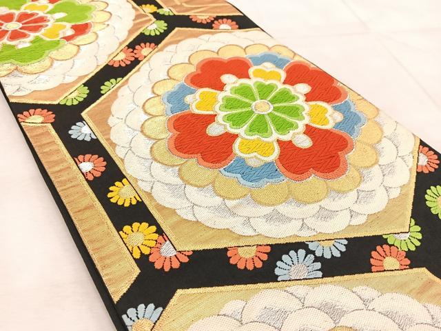 平和屋着物◎六通柄袋帯　唐織　亀甲花文　黒地　金銀糸　正絹　逸品　BAAV4820yc