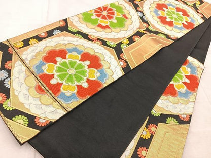 平和屋着物◎六通柄袋帯　唐織　亀甲花文　黒地　金銀糸　正絹　逸品　BAAV4820yc