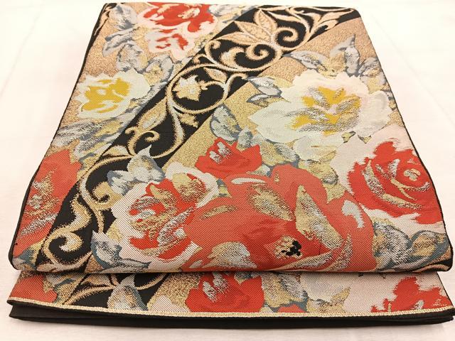 平和屋着物◎六通柄　本袋帯　更紗花唐草文　黒地　金銀糸　正絹　逸品　BAAV4848yc