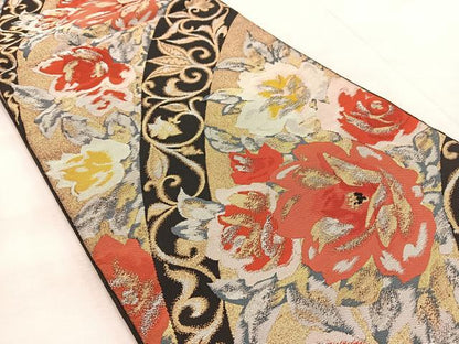 平和屋着物◎六通柄　本袋帯　更紗花唐草文　黒地　金銀糸　正絹　逸品　BAAV4848yc