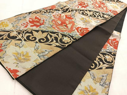 平和屋着物◎六通柄　本袋帯　更紗花唐草文　黒地　金銀糸　正絹　逸品　BAAV4848yc
