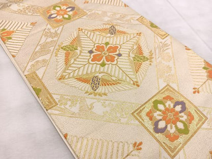 平和屋着物◎六通柄袋帯　みかげ　飛鶴花菱文　金糸　正絹　逸品　BAAV4866yc