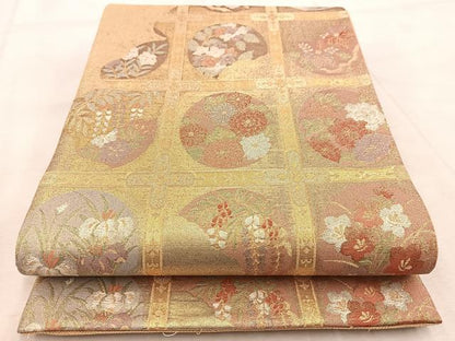 平和屋着物◎光悦佐賀錦　六通柄袋帯　格天井花丸文　金糸　正絹　逸品　BAAV4876yc