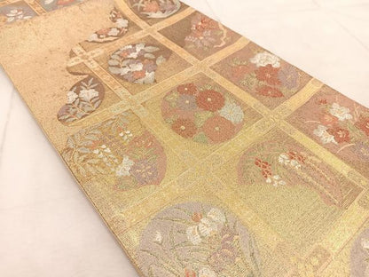 平和屋着物◎光悦佐賀錦　六通柄袋帯　格天井花丸文　金糸　正絹　逸品　BAAV4876yc