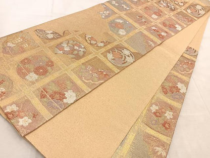 平和屋着物◎光悦佐賀錦　六通柄袋帯　格天井花丸文　金糸　正絹　逸品　BAAV4876yc