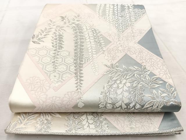 平和屋着物◎六通柄袋帯　唐織　菱天井花文　銀糸　正絹　逸品　BAAV4881yc