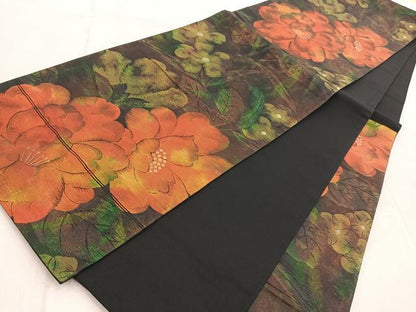 平和屋着物◎六通柄袋帯　草花文　金銀糸　正絹　逸品　BAAV4883yc