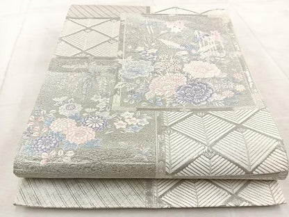 平和屋着物◎六通柄袋帯　唐織　花鳥風景文　九百錦　プラチナ箔　正絹　逸品　BAAV4888yc