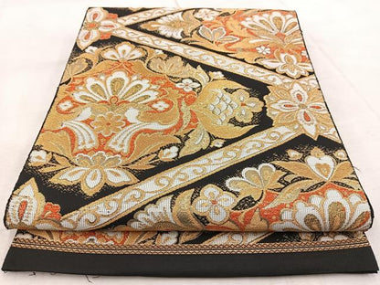 平和屋着物◎六通柄　本袋帯　更紗花菱文　黒地　金糸　BAAV4894yc