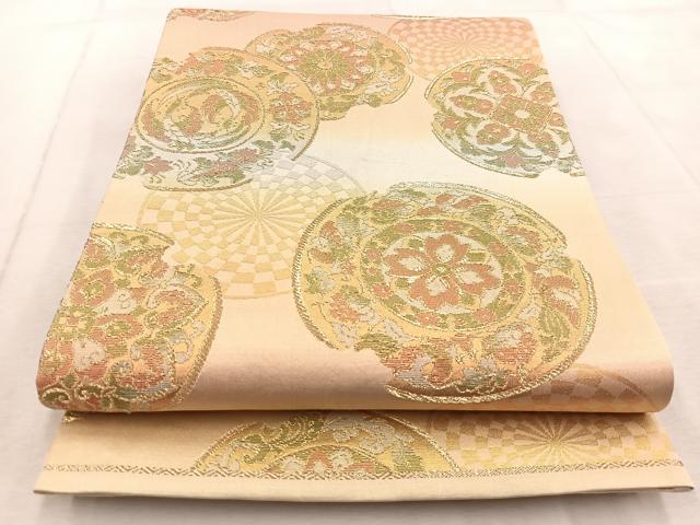 平和屋着物◎六通柄袋帯　花絵皿文　金銀糸　正絹　逸品　BAAV4902yc
