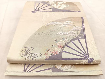 平和屋着物◎六通柄袋帯　唐織　扇面草花文　銀糸　正絹　逸品　BAAV4908yc
