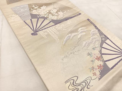平和屋着物◎六通柄袋帯　唐織　扇面草花文　銀糸　正絹　逸品　BAAV4908yc