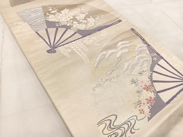 平和屋着物◎六通柄袋帯　唐織　扇面草花文　銀糸　正絹　逸品　BAAV4908yc