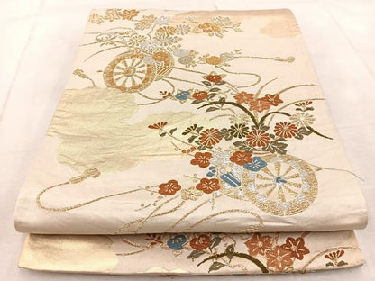 平和屋着物◎六通柄袋帯　唐織　雲重ね花車文　金銀糸　正絹　逸品　BAAV4924yc