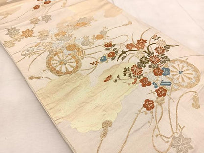 平和屋着物◎六通柄袋帯　唐織　雲重ね花車文　金銀糸　正絹　逸品　BAAV4924yc