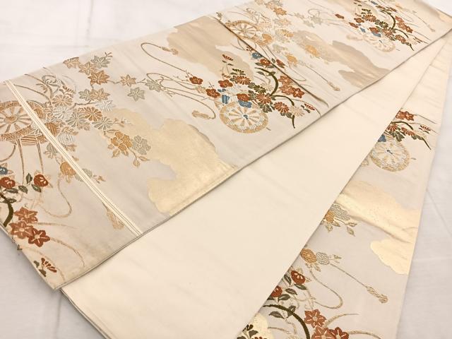 平和屋着物◎六通柄袋帯　唐織　雲重ね花車文　金銀糸　正絹　逸品　BAAV4924yc