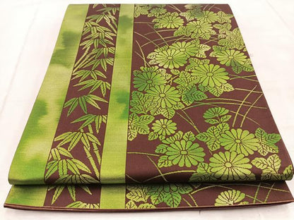平和屋着物◎西陣　六通柄袋帯　菊竹文　銀糸　引箔　正絹　逸品　BAAV4925yc