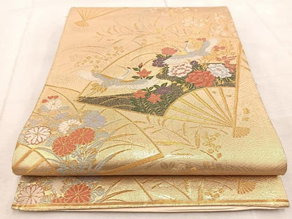 平和屋着物◎西陣　六通柄袋帯　唐織　飛鶴扇面秋草文　金糸　正絹　逸品　BAAV4927yc
