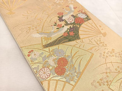 平和屋着物◎西陣　六通柄袋帯　唐織　飛鶴扇面秋草文　金糸　正絹　逸品　BAAV4927yc